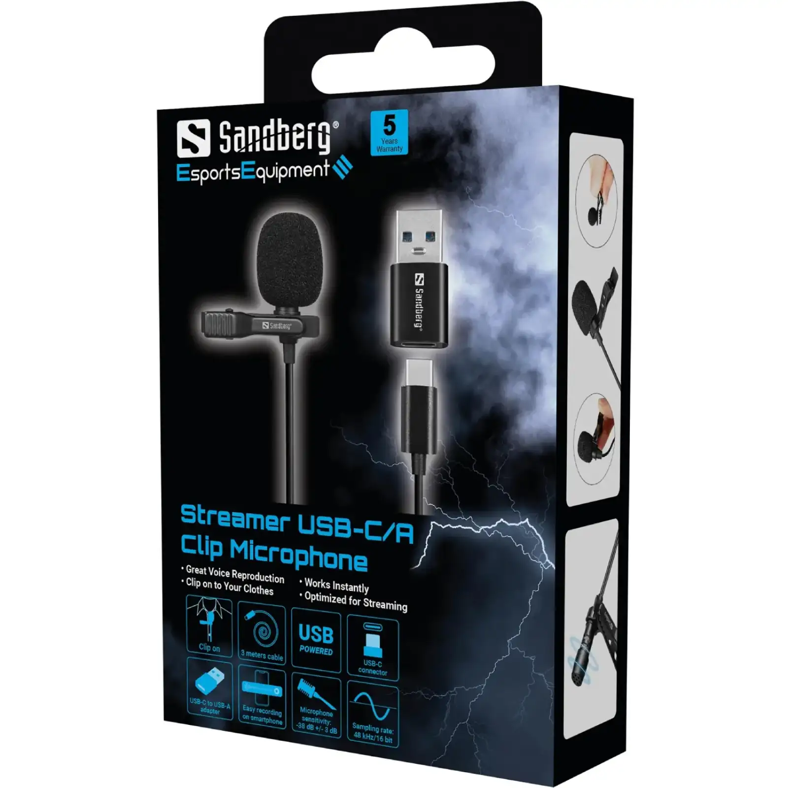 Мікрофон петличний Sandberg Streamer USB Clip USB-A/USB-C, провідний, кабель 3м, чорний (126-40) UA