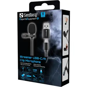 Мікрофон петличний Sandberg Streamer USB Clip USB-A/USB-C, провідний, кабель 3м, чорний (126-40) UA