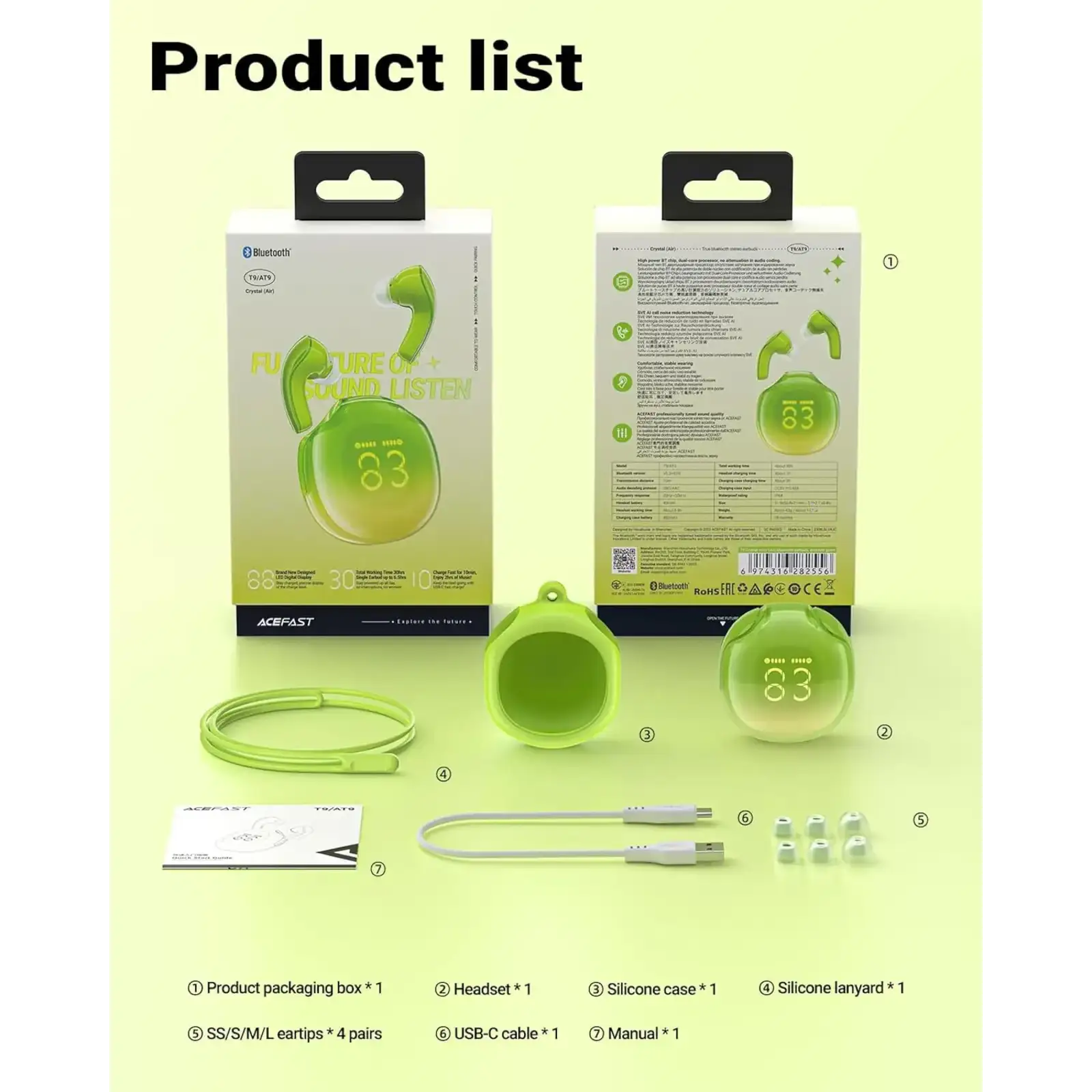 Навушники TWS Acefast T9 avocado green (6974316282556) UA