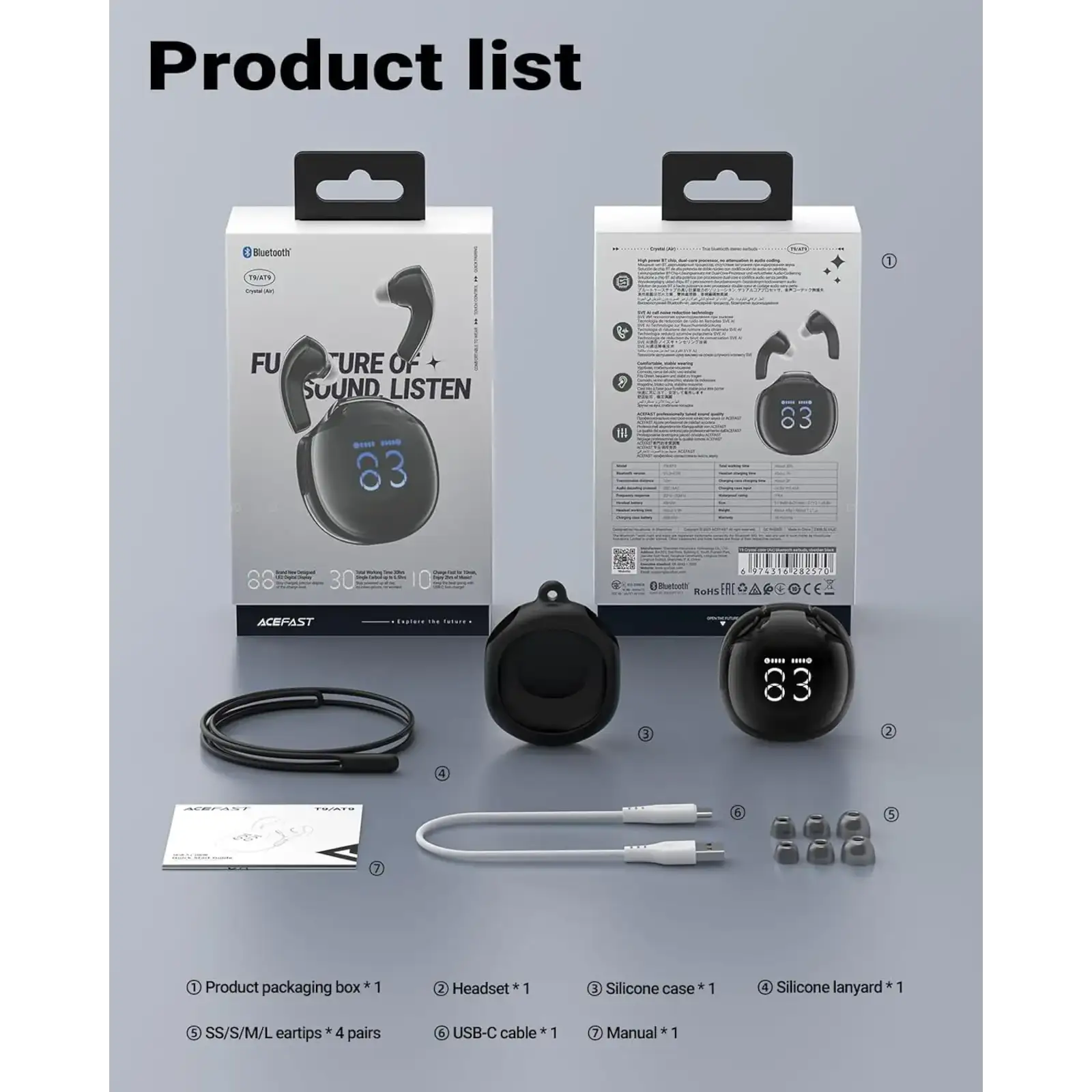 Навушники TWS Acefast T9 obsidian black (6974316282570) UA