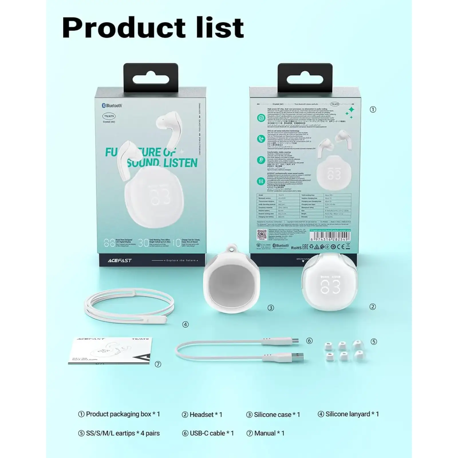 Навушники TWS Acefast T9 porcelain white (6974316282549) UA