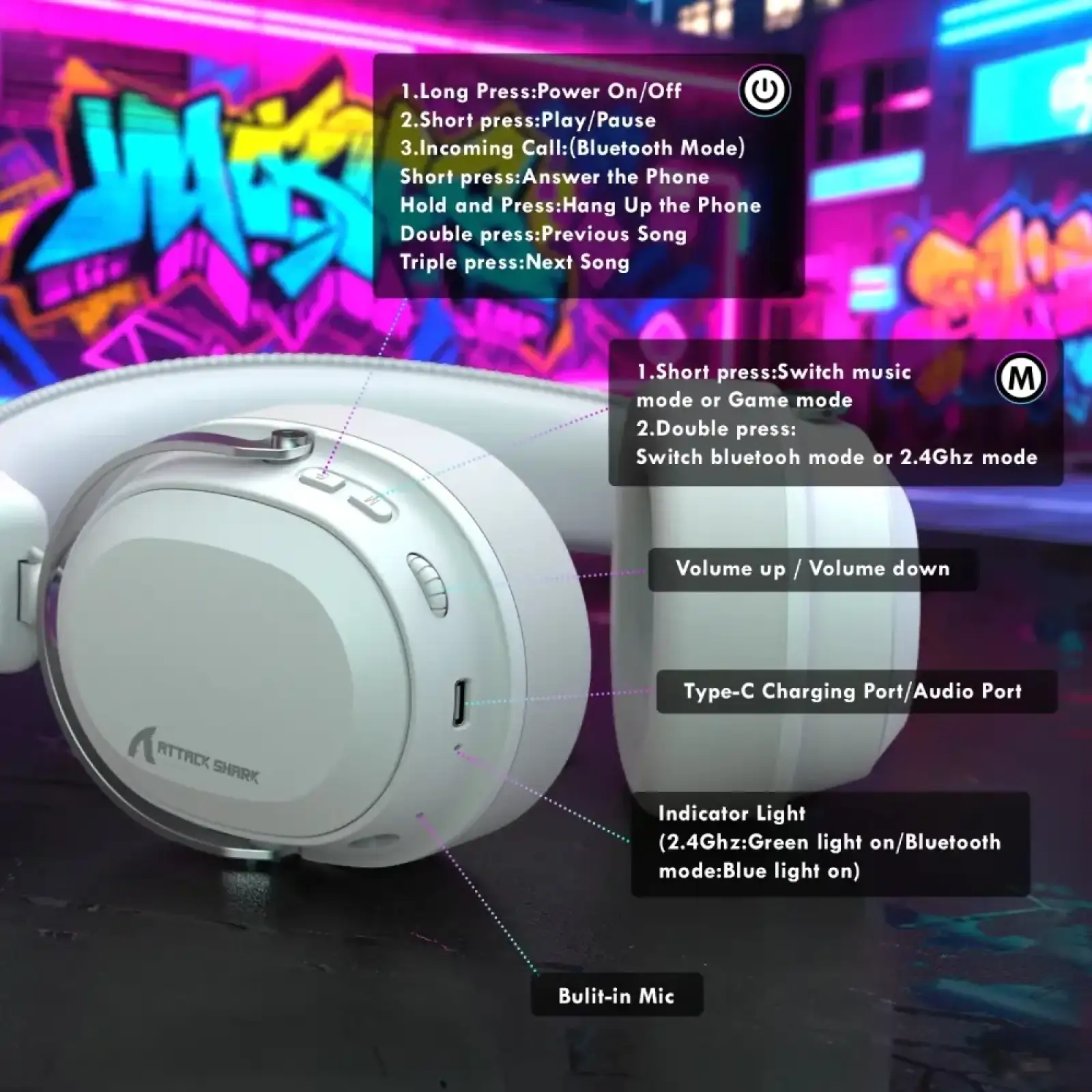 Ігрова гарнітура Attack Shark L30PRO Wireless, 2.4GHz/Bluetooth/3.5mm AUX/AUX-to-Type-C, White (L30PROW_AS) UA