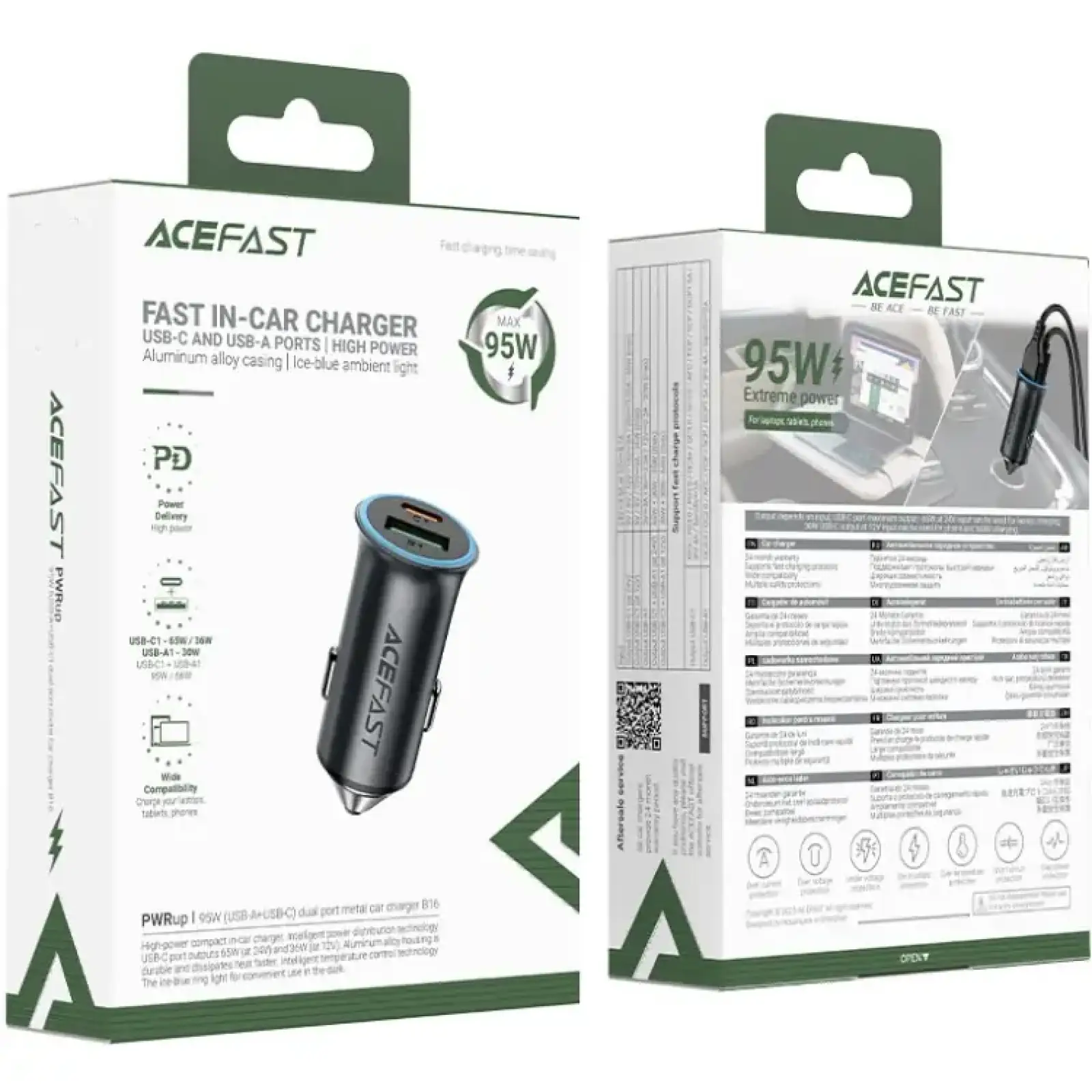 Автозарядка 2xUSB 95W (USB-C + USB-A) B16 Acefast (6974316284970) UA