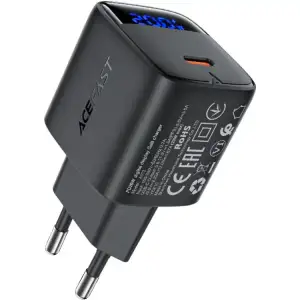 Зарядний пристрій 1xUSB-C 20W Gan A113 Fast Charger with digital display black Acefast (6974316284413) UA