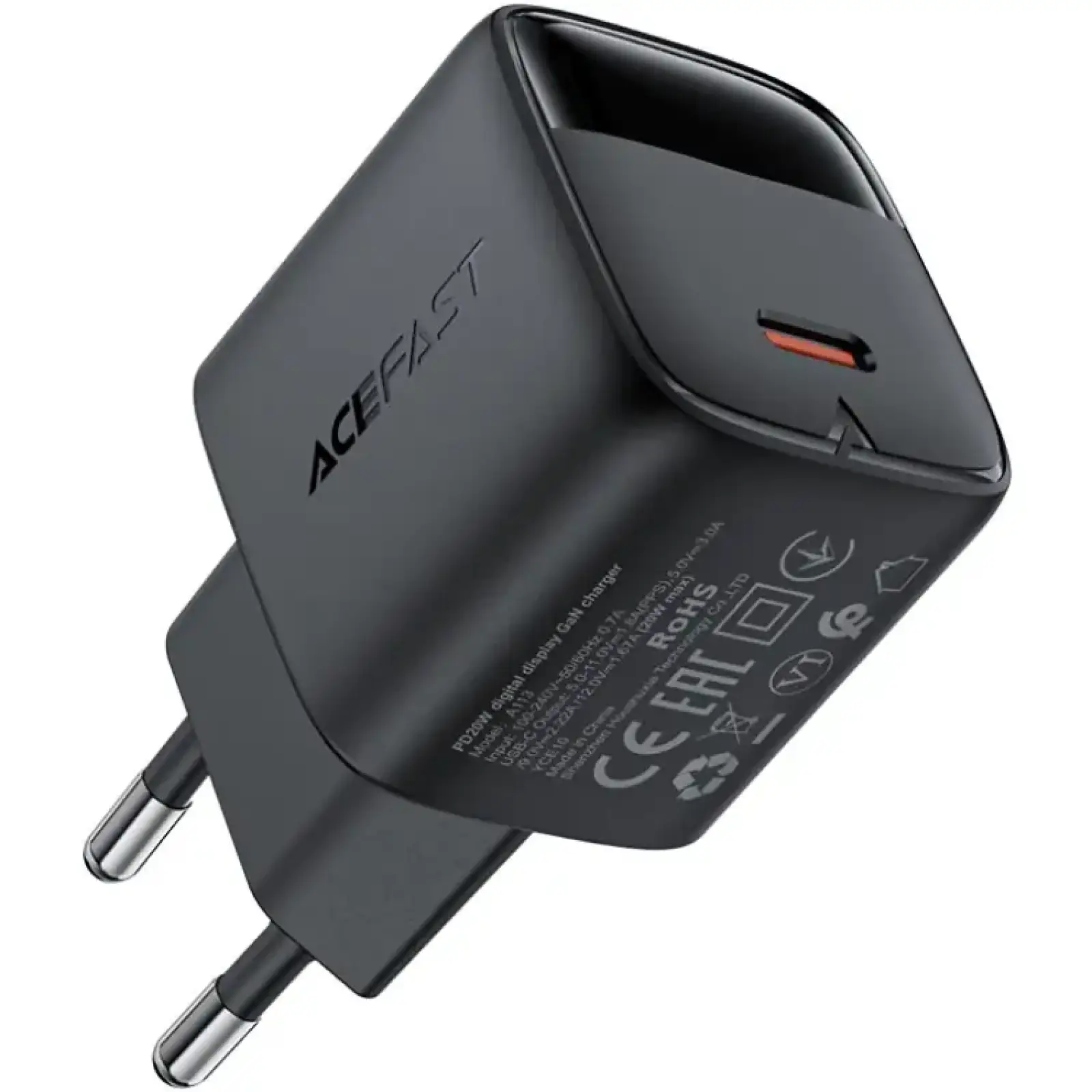 Зарядний пристрій 1xUSB-C 20W Gan A113 Fast Charger with digital display black Acefast (6974316284413) UA