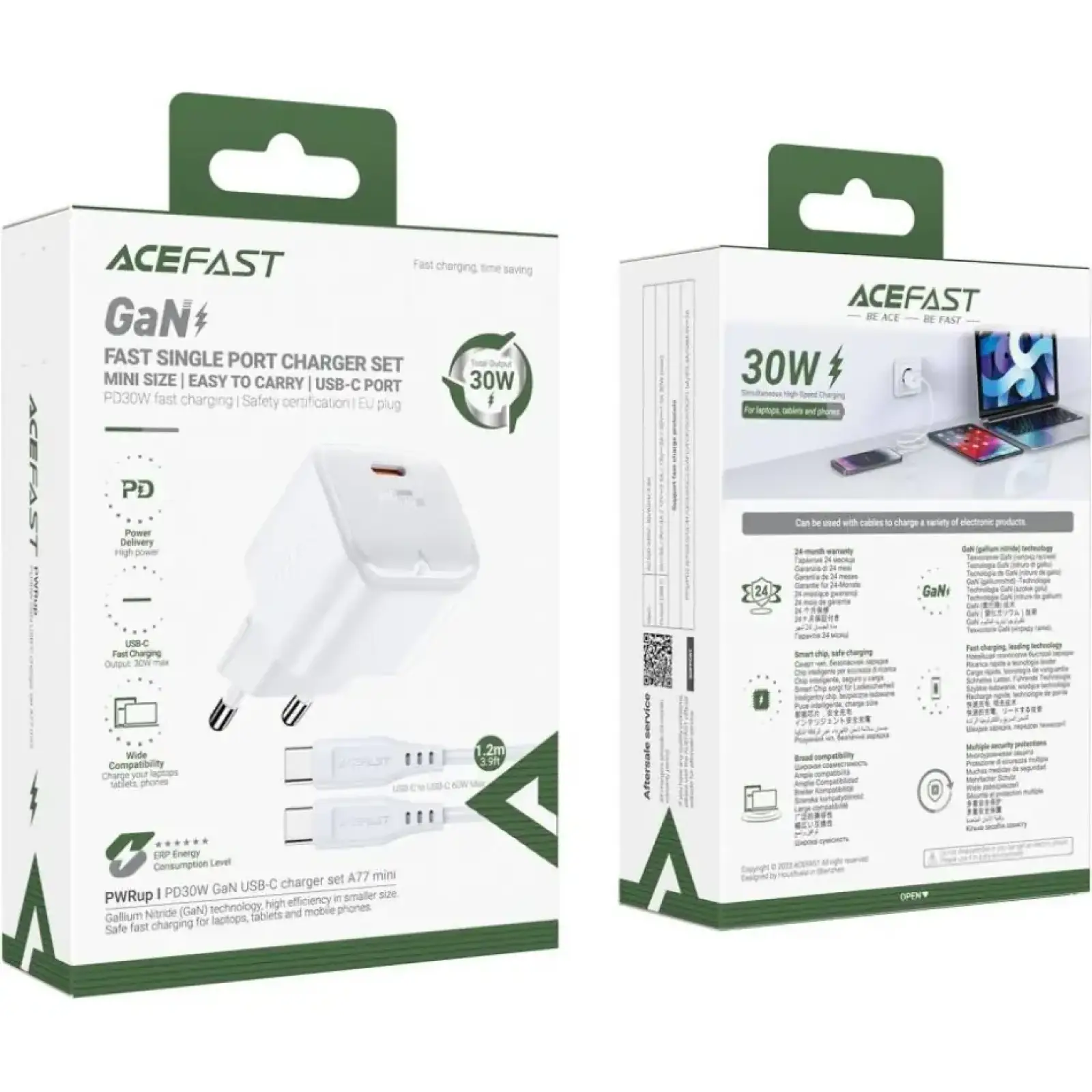 Зарядний пристрій 1xUSB-C 30W Gan A77 mini + USB-C cable Fast Charger White Acefast (6974316282853) UA