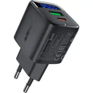 Зарядний пристрій 2xUSB 35W (USB-C+USB-A) with digital display Gan A116 Black Acefast (6974316284468) UA