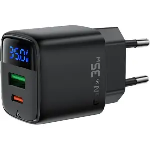 Зарядний пристрій 2xUSB 35W (USB-C+USB-A) with digital display Gan A116 Black Acefast (6974316284468) UA