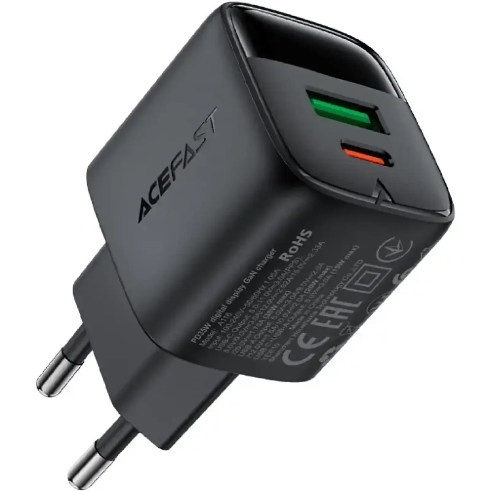 Зарядний пристрій 2xUSB 35W (USB-C+USB-A) with digital display Gan A116 Black Acefast (6974316284468) UA