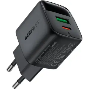 Зарядний пристрій 2xUSB 35W (USB-C+USB-A) with digital display Gan A116 Black Acefast (6974316284468) UA