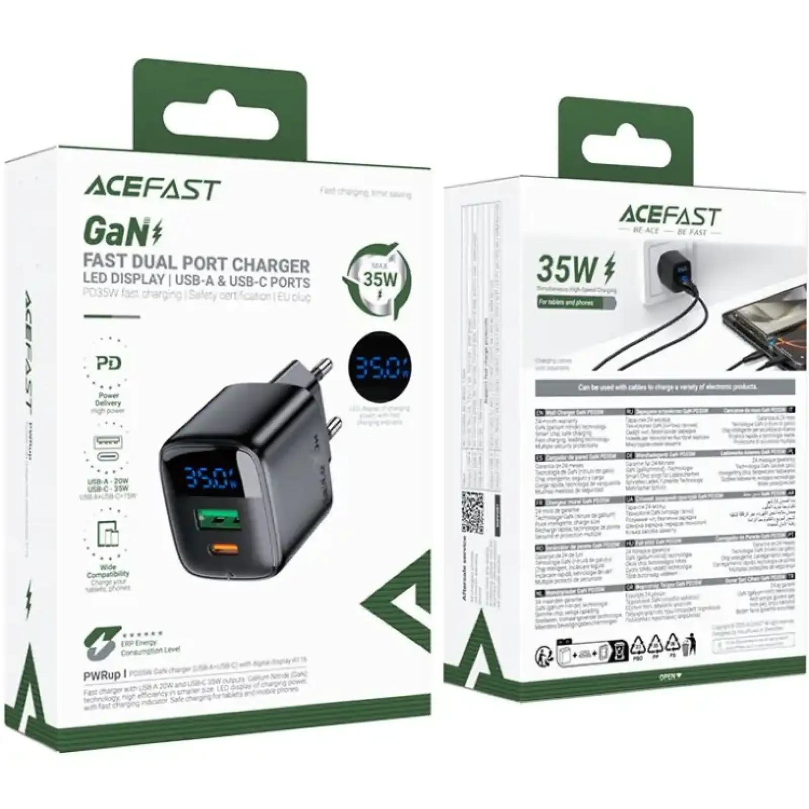 Зарядний пристрій 2xUSB 35W (USB-C+USB-A) with digital display Gan A116 Black Acefast (6974316284468) UA