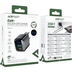 Зарядний пристрій 2xUSB 35W (USB-C+USB-A) with digital display Gan A116 Black Acefast (6974316284468) UA