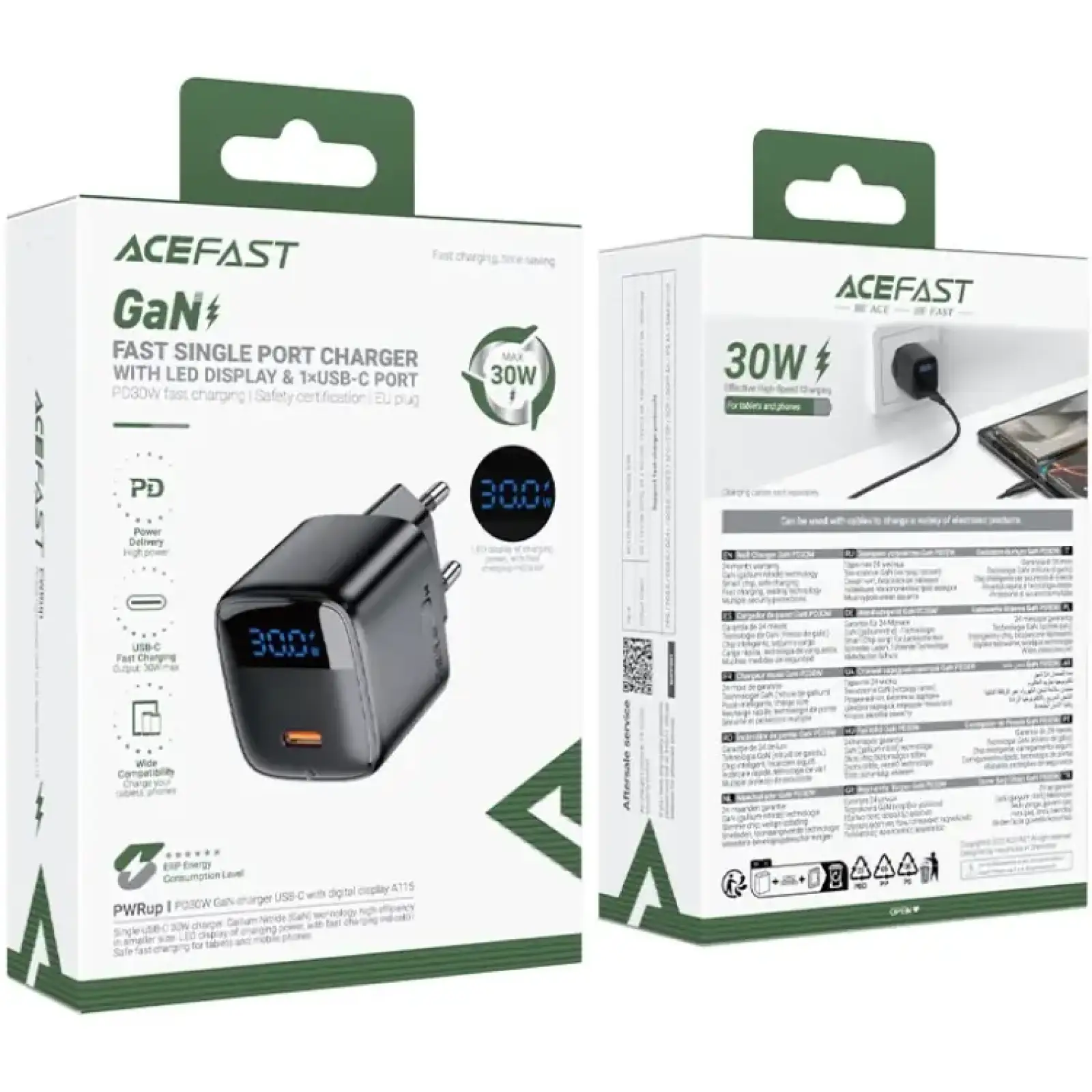 Зарядний пристрій 1xUSB-C 30W Gan A115 Fast Charger + USB-C cable black Acefast (6974316284451) UA