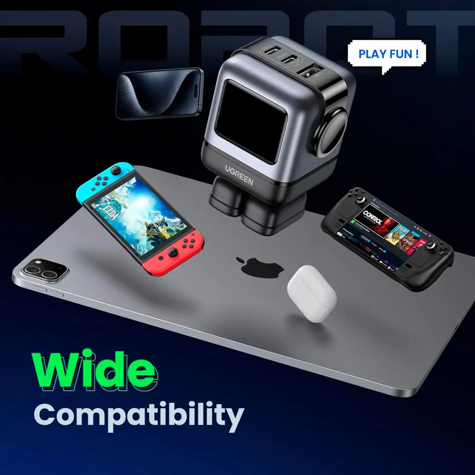 Зарядний пристрій 3xUSB 65W (2xUSB-C+USB-A) Gan Robot tech Fast Charger Сірий CD361 Ugreen (25685B) UA
