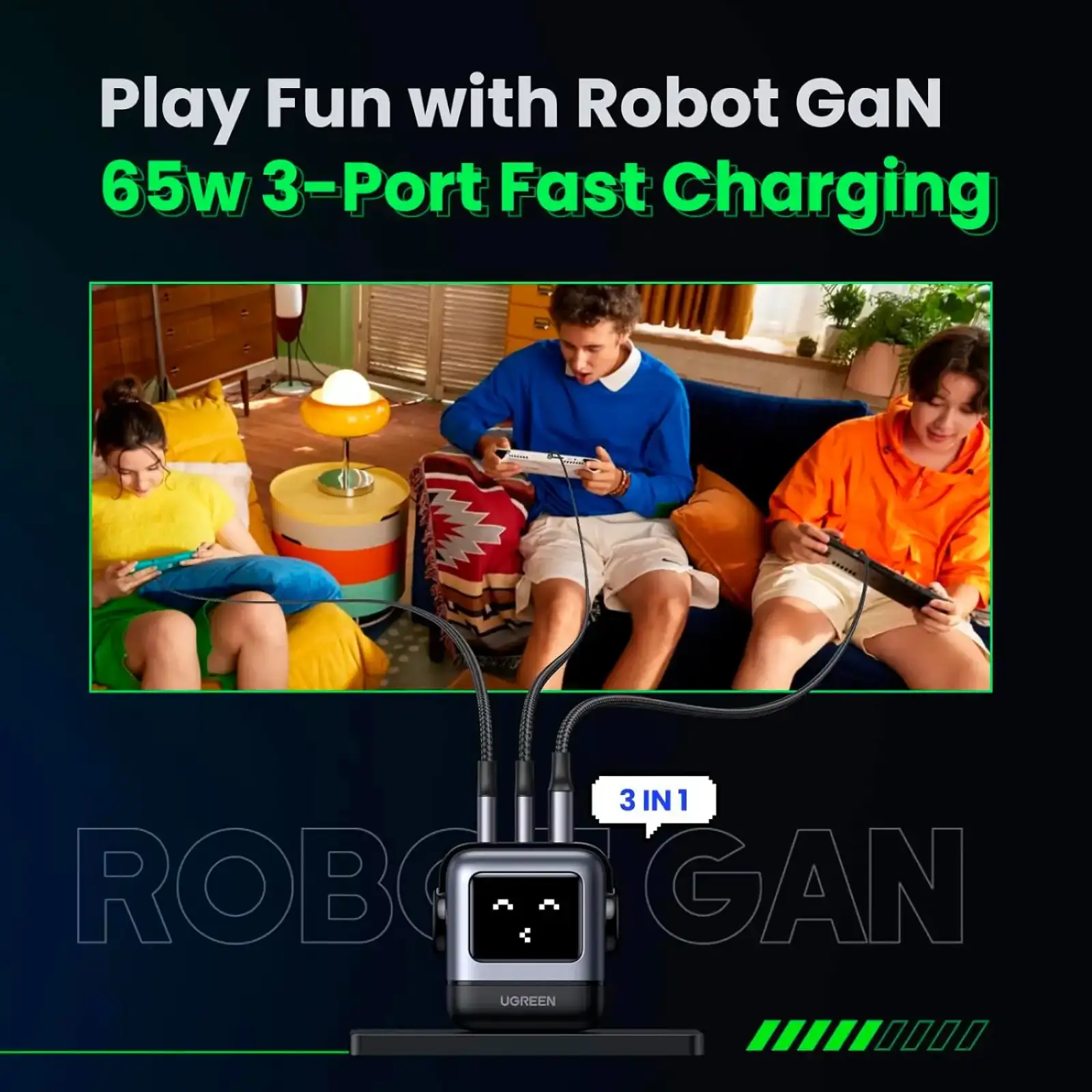 Зарядний пристрій 3xUSB 65W (2xUSB-C+USB-A) Gan Robot tech Fast Charger Сірий CD361 Ugreen (25685B) UA