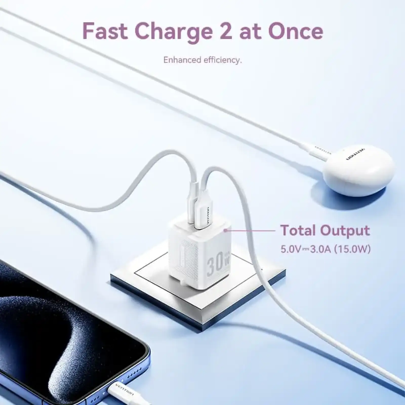 Зарядний пристрій 2xUSB 30W (USB-A/USB-C) + USB-C cable М-М White Vention (TZ-FEQW0-EU-01) UA