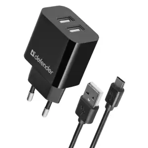 Зарядний пристрій 2xUSB 12W 2.1A UPC-21 +кабель microUSB, чорний Defender (83581) UA