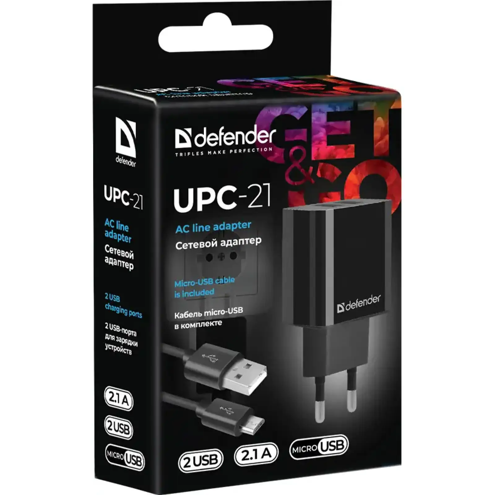 Зарядний пристрій 2xUSB 12W 2.1A UPC-21 +кабель microUSB, чорний Defender (83581) UA