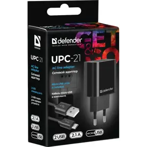 Зарядний пристрій 2xUSB 12W 2.1A UPC-21 +кабель microUSB, чорний Defender (83581) UA