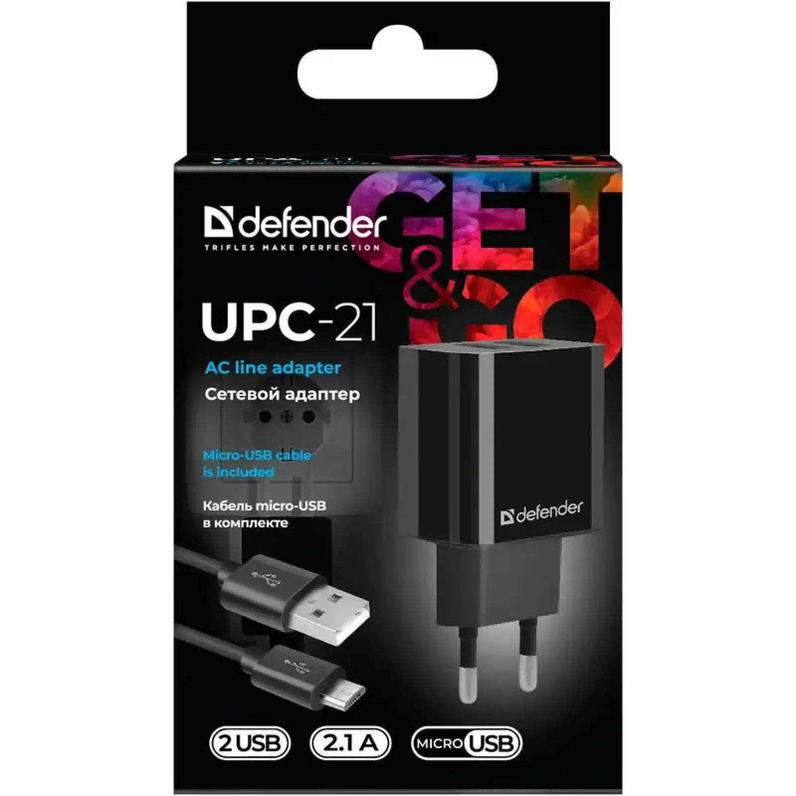 Зарядний пристрій 2xUSB 12W 2.1A UPC-21 +кабель microUSB, чорний Defender (83581) UA