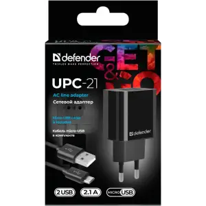 Зарядний пристрій 2xUSB 12W 2.1A UPC-21 +кабель microUSB, чорний Defender (83581) UA