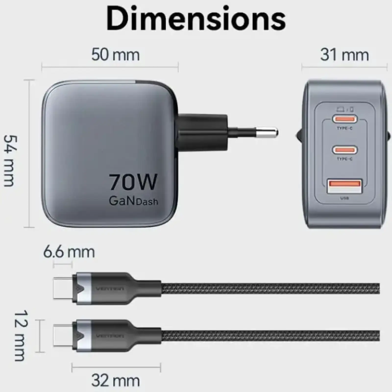 МЗП Vention 3xUSB 70W GaN (2хUSB-C+USB-A) + USB-C cable М-М Black (TZ-FEXH0-EU) UA