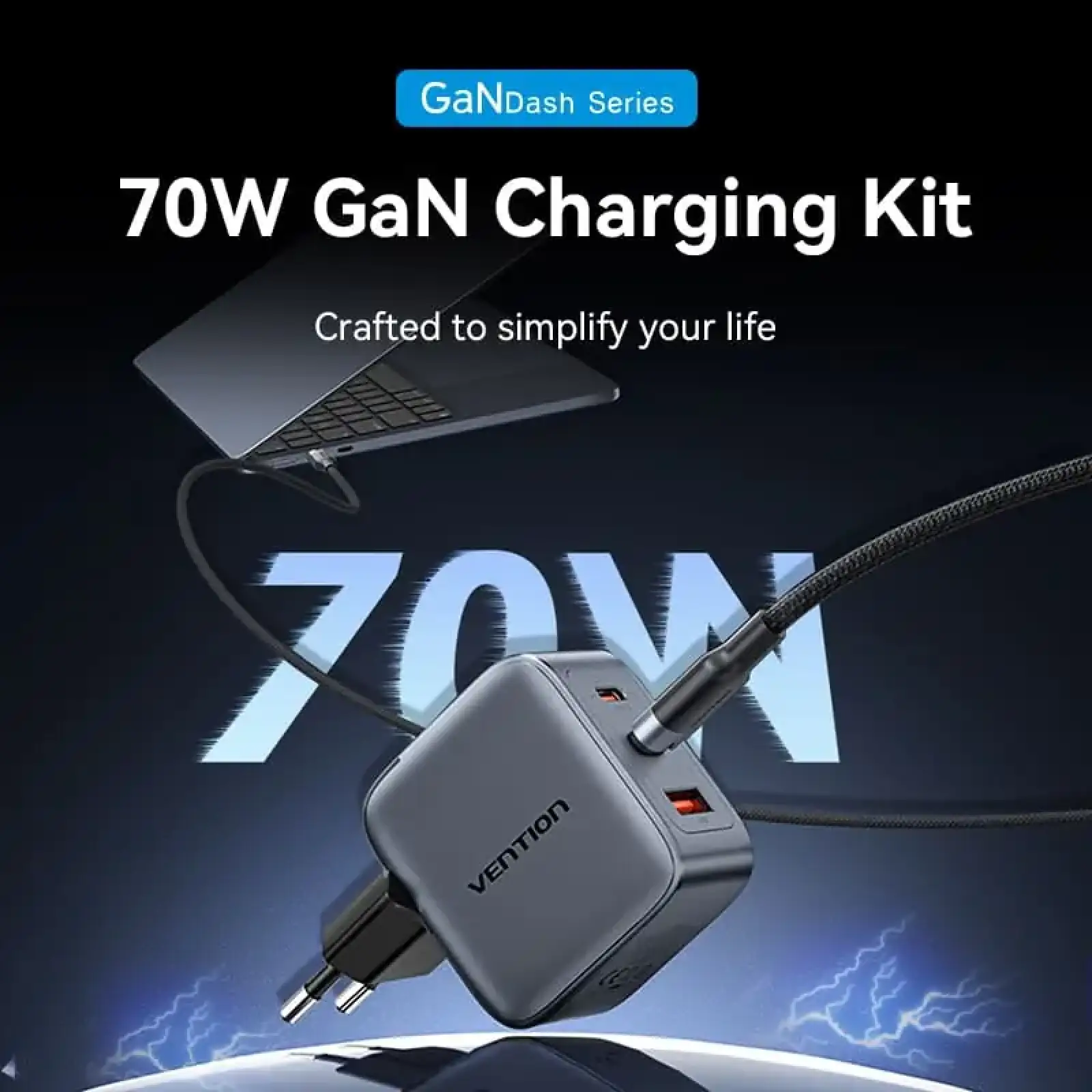 МЗП Vention 3xUSB 70W GaN (2хUSB-C+USB-A) + USB-C cable М-М Black (TZ-FEXH0-EU) UA