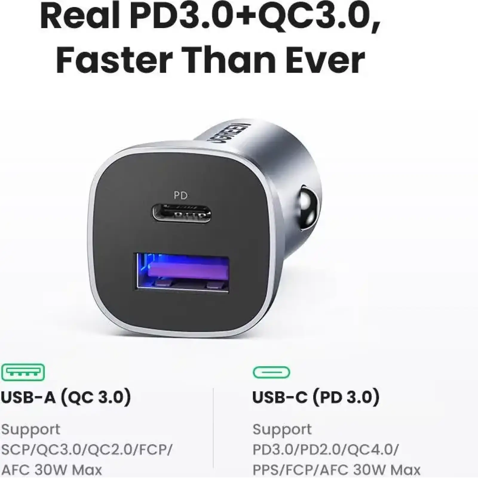 Автозарядка 2xUSB 30W (USB-C + USB-A) CD130 Ugreen (40858) UA