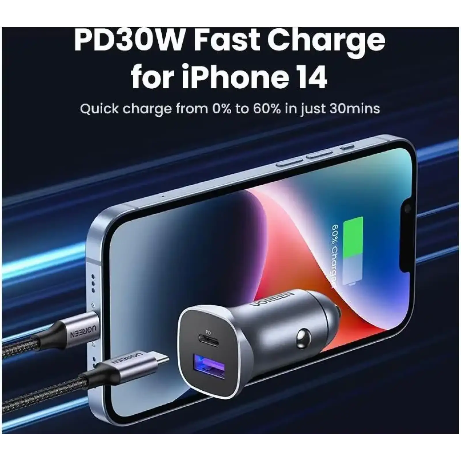 Автозарядка 2xUSB 30W (USB-C + USB-A) CD130 Ugreen (40858) UA