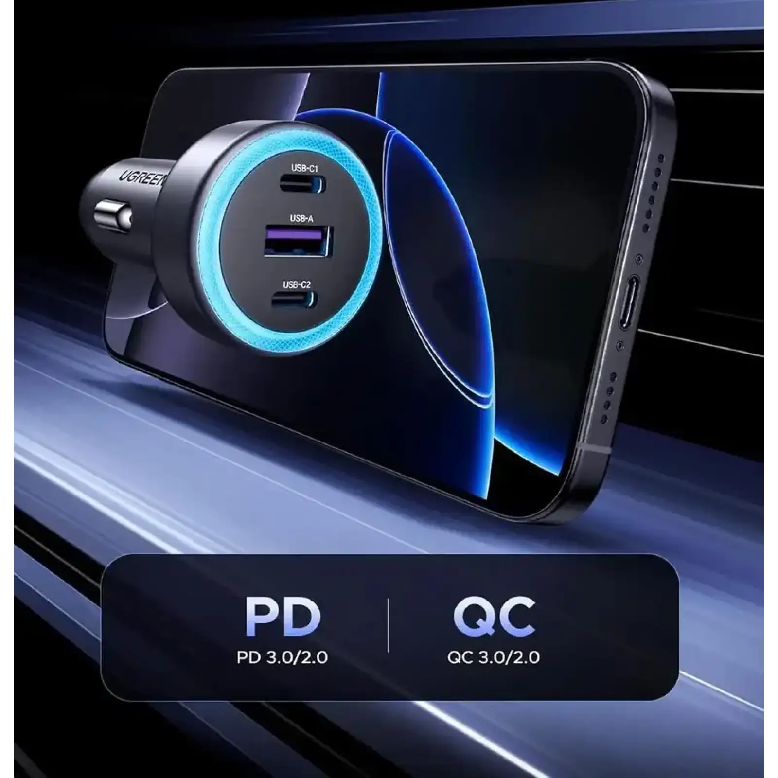 Автозарядка 3xUSB 30W (2xUSB-C + USB-A) QC 4.0 Сіра (EC307) UGREEN (45843) UA