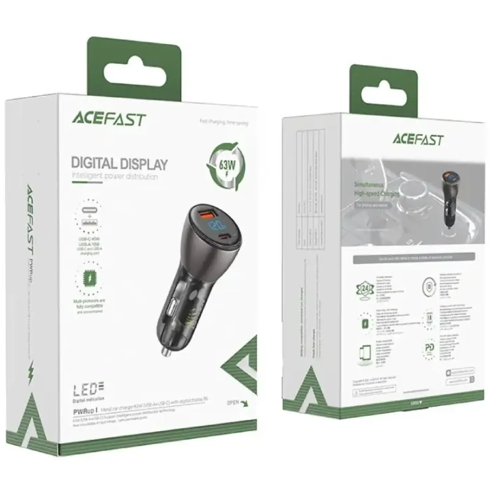 Автозарядка 2xUSB 63W (USB-C + USB-A) B6 with digital display Acefast (6974316280972) UA