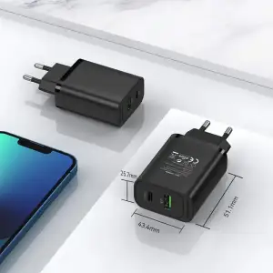 Зарядний пристрій 2xUSB 38W PD,QC3.0 (USB-C+USB-A) чорний Vention (FBIB0-EU) UA