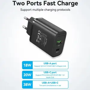 Зарядний пристрій 2xUSB 38W PD,QC3.0 (USB-C+USB-A) чорний Vention (FBIB0-EU) UA