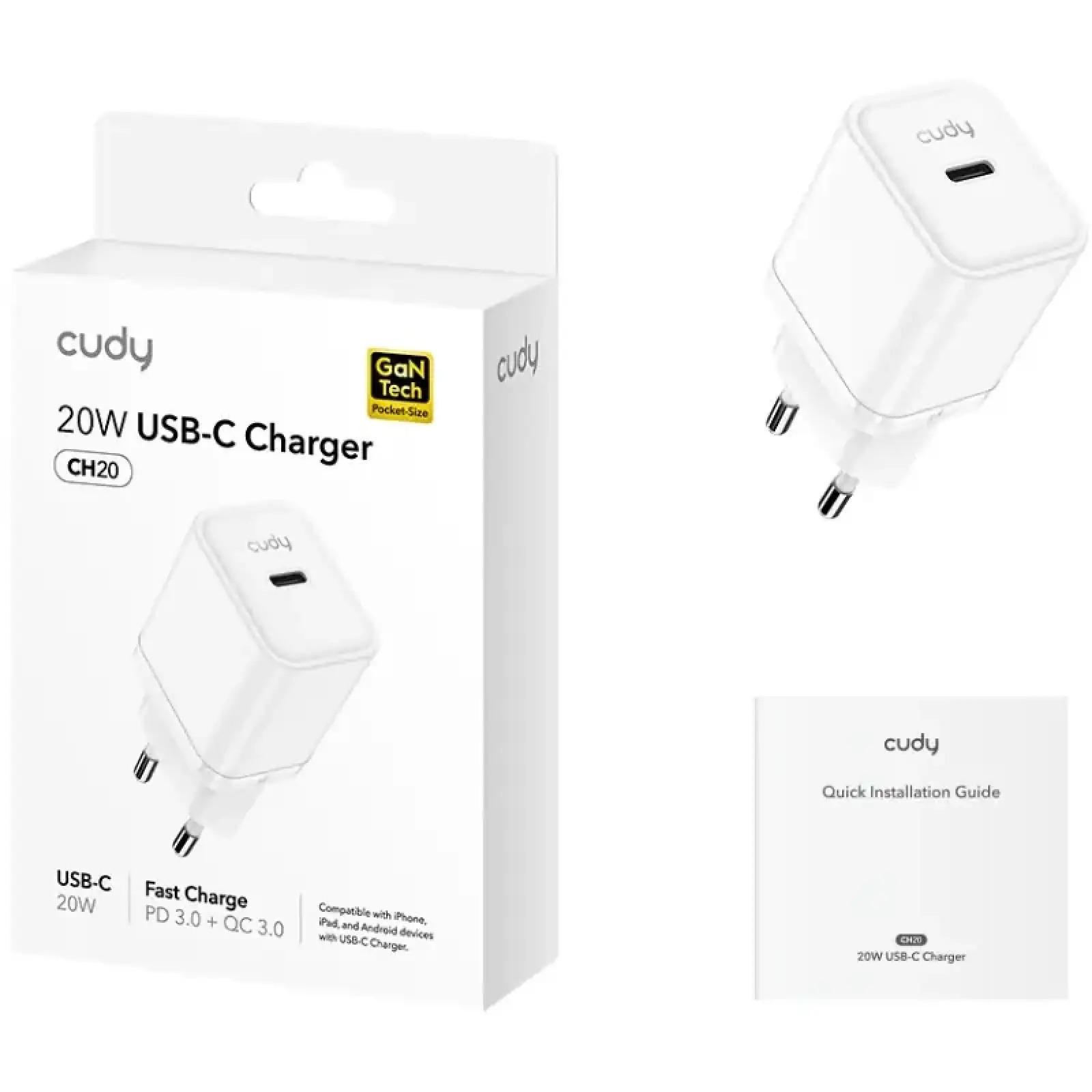 Зарядний пристрій 1xUSB 20W, (GaN, 1хUSB-C, QC+PD 3.0, вилка ЄС, для iPhone серії 12 та новіших мод. (CH20) UA