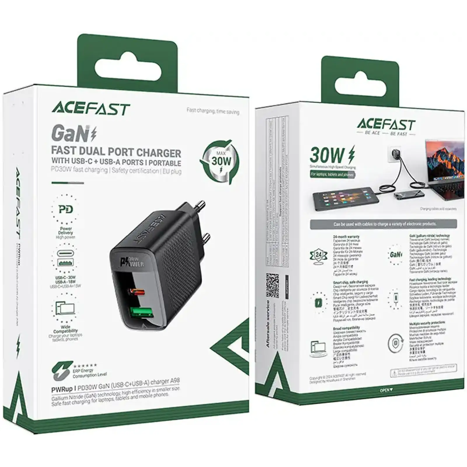 Зарядний пристрій 2xUSB 30W (USB-C+USB-A) Gan A98 Black Acefast (6974316283263) UA