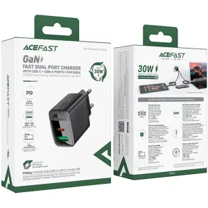 Зарядний пристрій 2xUSB 30W (USB-C+USB-A) Gan A98 Black Acefast (6974316283263) UA