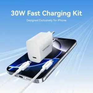 Зарядний пристрій 1xUSB-C 30W + USB-C cable М-М White Vention (G18W0-EU) UA