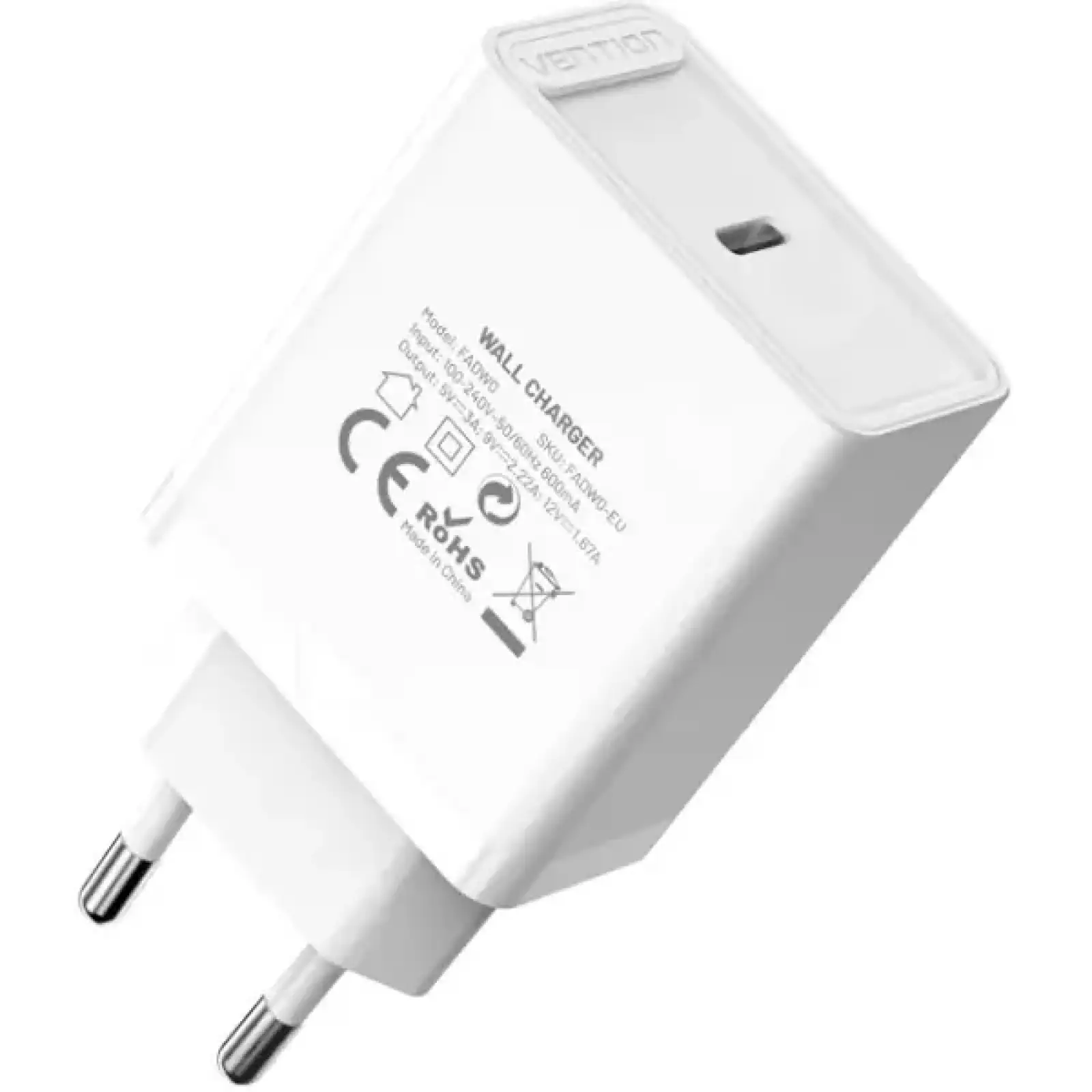 Зарядний пристрій 1xUSB-C 20W PD, QC4.0 білий Vention (FADW0-EU) UA