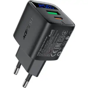 Зарядний пристрій 2xUSB 25W (USB-C+USB-A) with digital display Gan A114 Black Acefast (6974316284437) UA