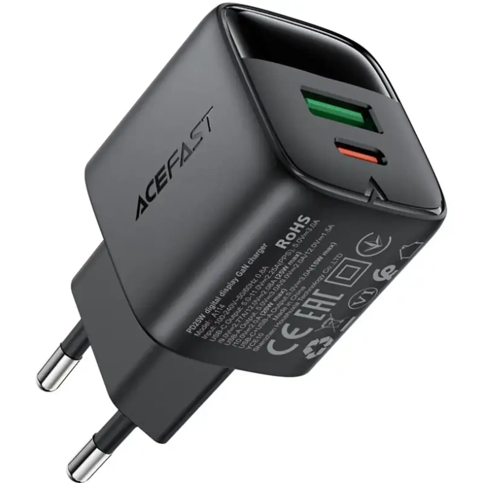 Зарядний пристрій 2xUSB 25W (USB-C+USB-A) with digital display Gan A114 Black Acefast (6974316284437) UA