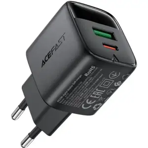 Зарядний пристрій 2xUSB 25W (USB-C+USB-A) with digital display Gan A114 Black Acefast (6974316284437) UA