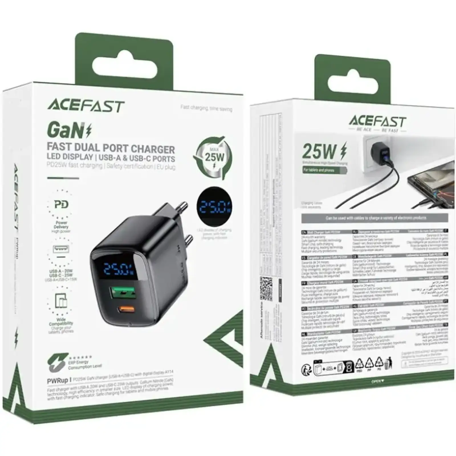 Зарядний пристрій 2xUSB 25W (USB-C+USB-A) with digital display Gan A114 Black Acefast (6974316284437) UA