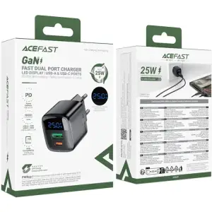 Зарядний пристрій 2xUSB 25W (USB-C+USB-A) with digital display Gan A114 Black Acefast (6974316284437) UA