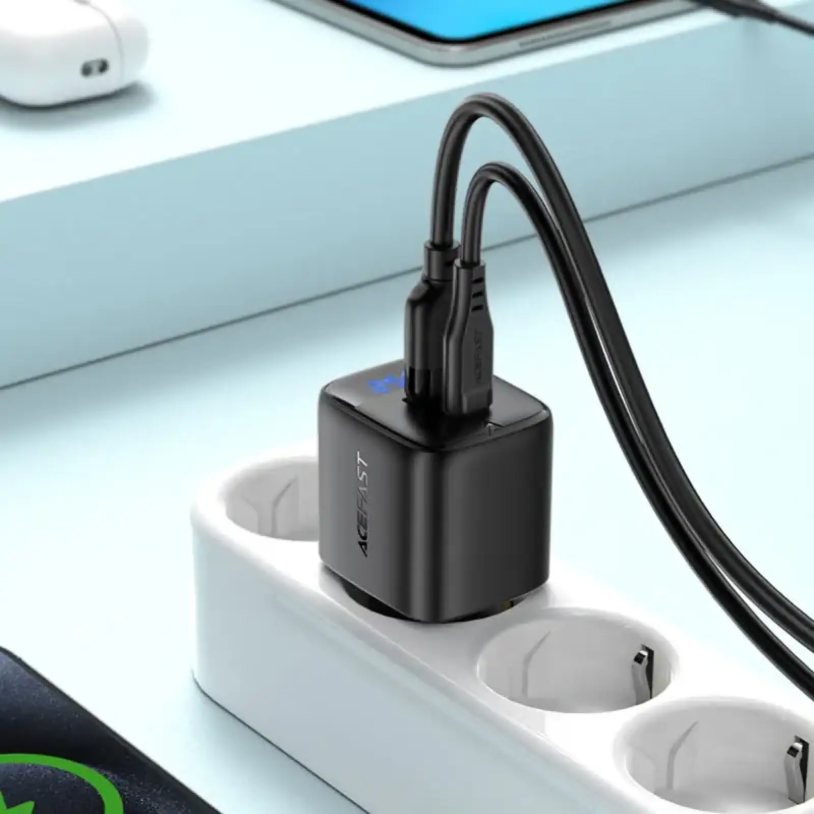 Зарядний пристрій 2xUSB 25W (USB-C+USB-A) with digital display Gan A114 Black Acefast (6974316284437) UA
