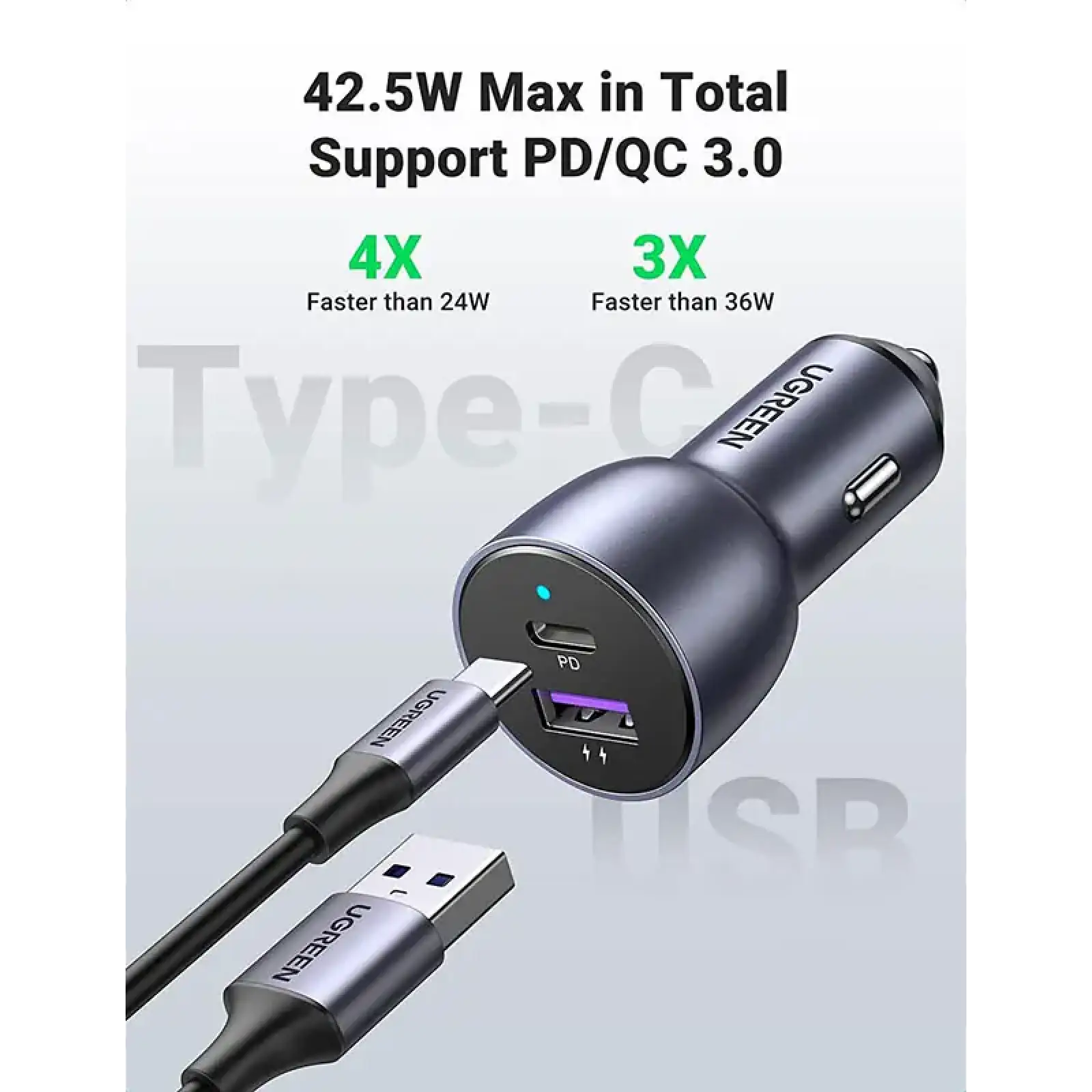 Автозарядка 2xUSB 36W (USB-C+USB-A) QC 3.0+ Косм. Сіра (CD213) UGREEN (60980) UA