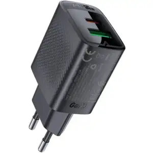 Зарядний пристрій 2xUSB 20W (USB-C+USB-A) Gan A78 Black Acefast (6974316283256) UA