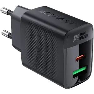Зарядний пристрій 2xUSB 20W (USB-C+USB-A) Gan A78 Black Acefast (6974316283256) UA