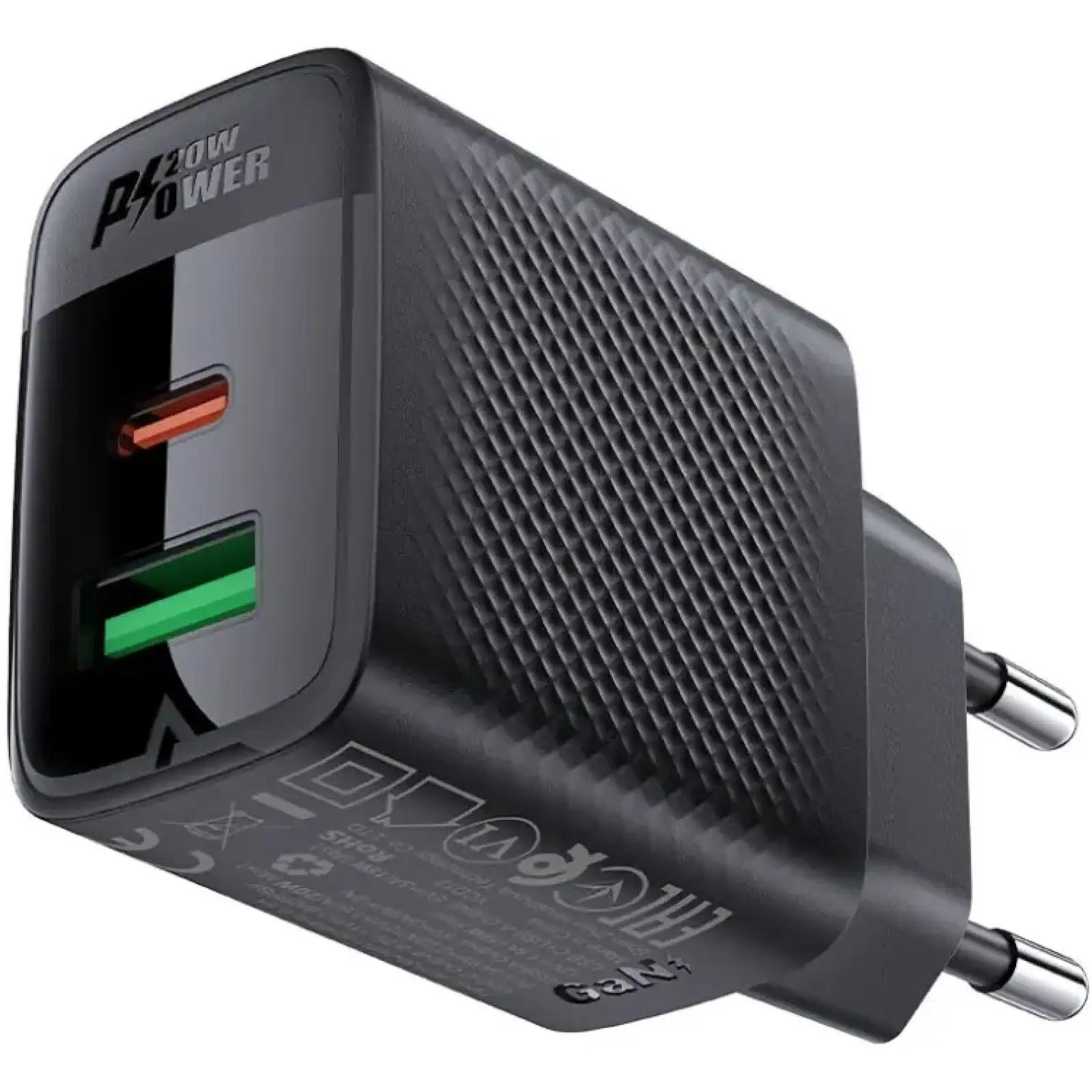 Зарядний пристрій 2xUSB 20W (USB-C+USB-A) Gan A78 Black Acefast (6974316283256) UA