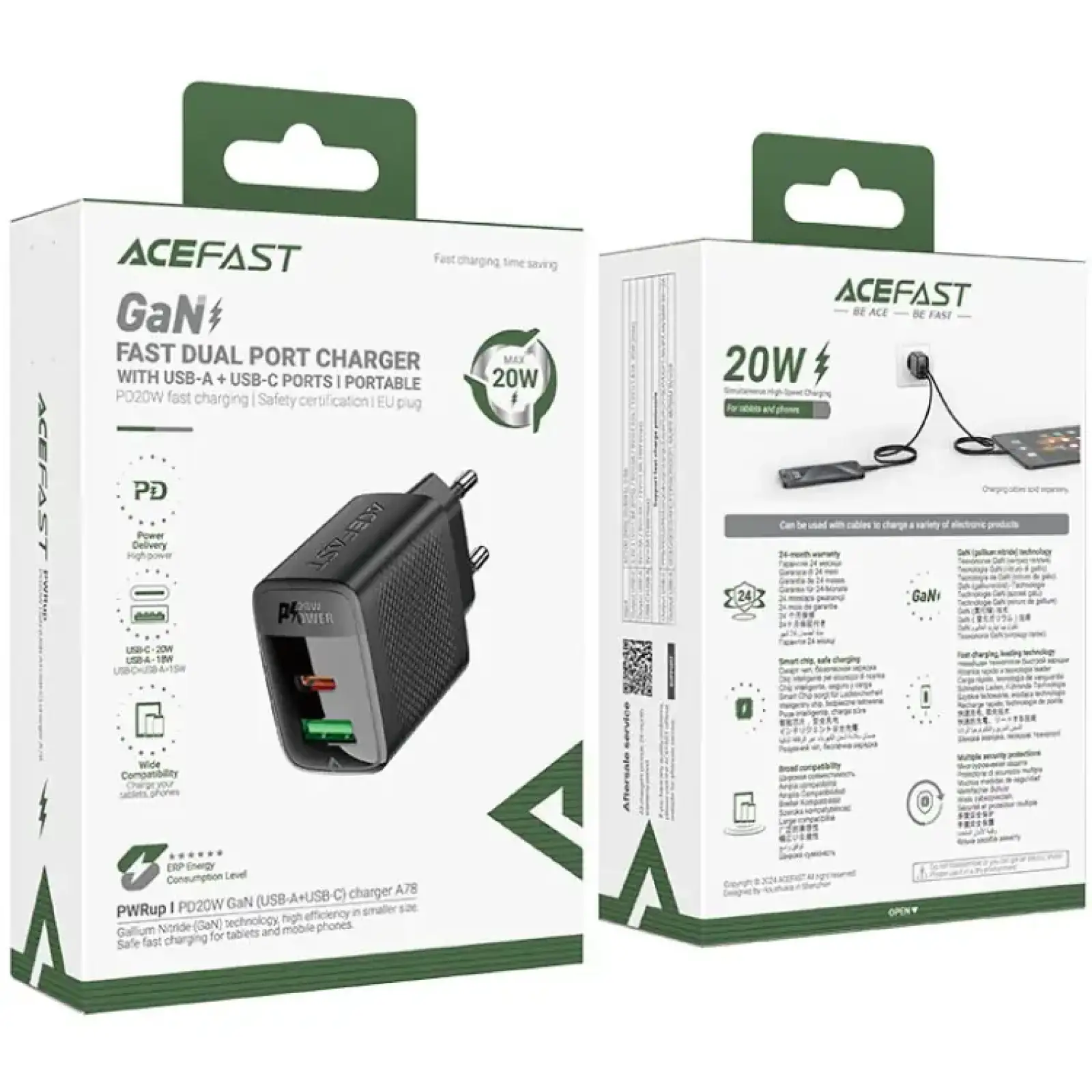 Зарядний пристрій 2xUSB 20W (USB-C+USB-A) Gan A78 Black Acefast (6974316283256) UA
