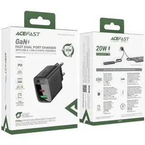 Зарядний пристрій 2xUSB 20W (USB-C+USB-A) Gan A78 Black Acefast (6974316283256) UA